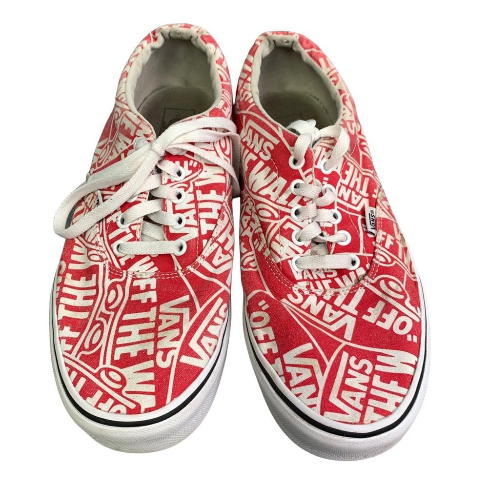 Vans Off the Wall Sneakers size 11 Allover Print Logos Spellout Red White Low - Picture 2 of 8